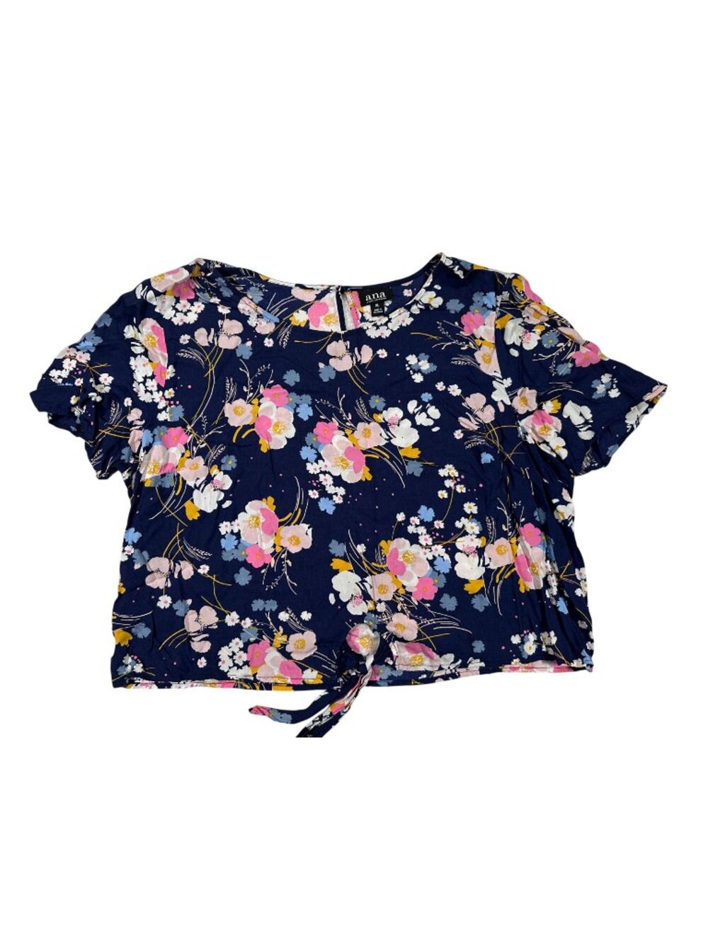 Ana A New Approach Womens XL Floral Print Navy Short Sleeve Blouse Lightweight
